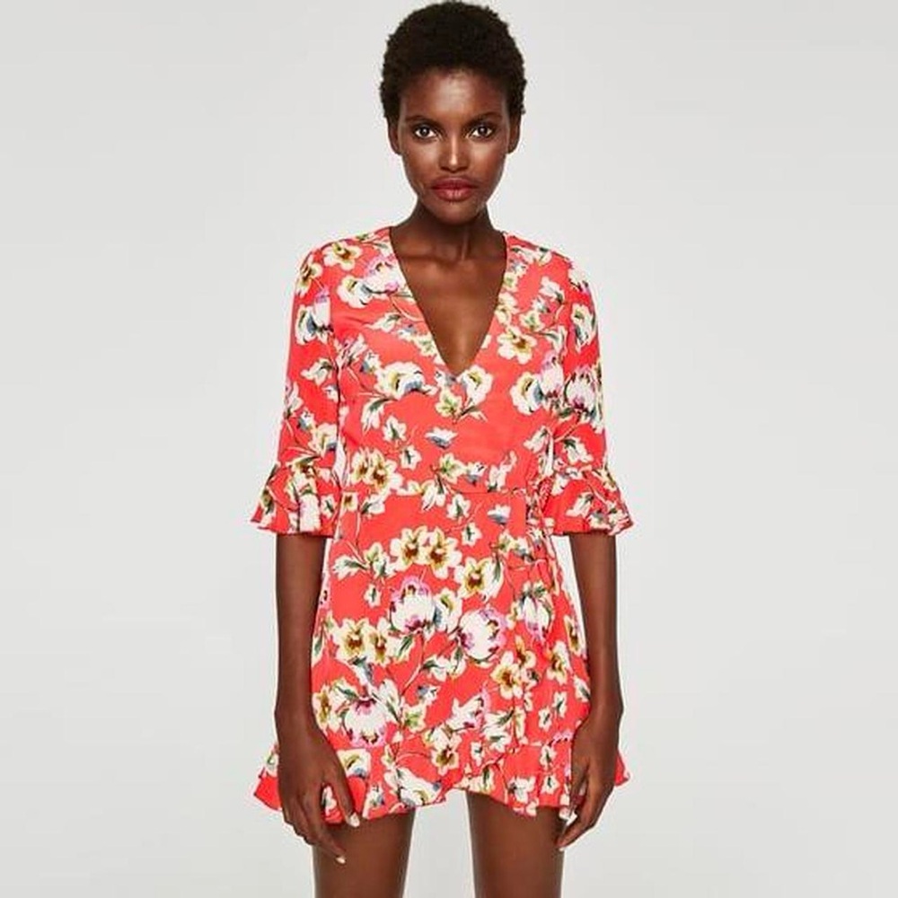 Zara coral floral wrap dress